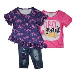 Girls 1st First Grade Top & Purple Leopard Asymetrical Top & Short Set Sz 5